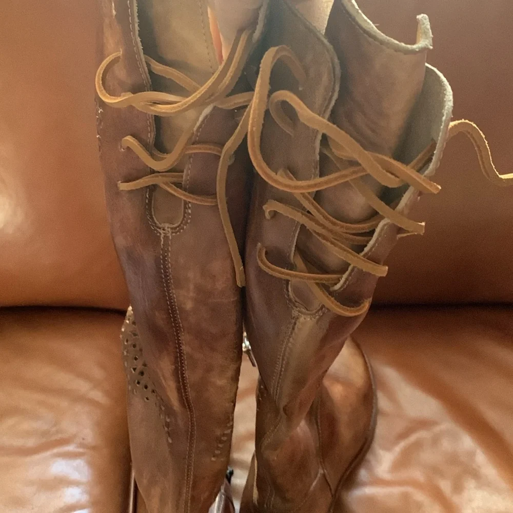 Bed Stu Women's Tall Perforated Leather Riding Boots in Cognac Brown